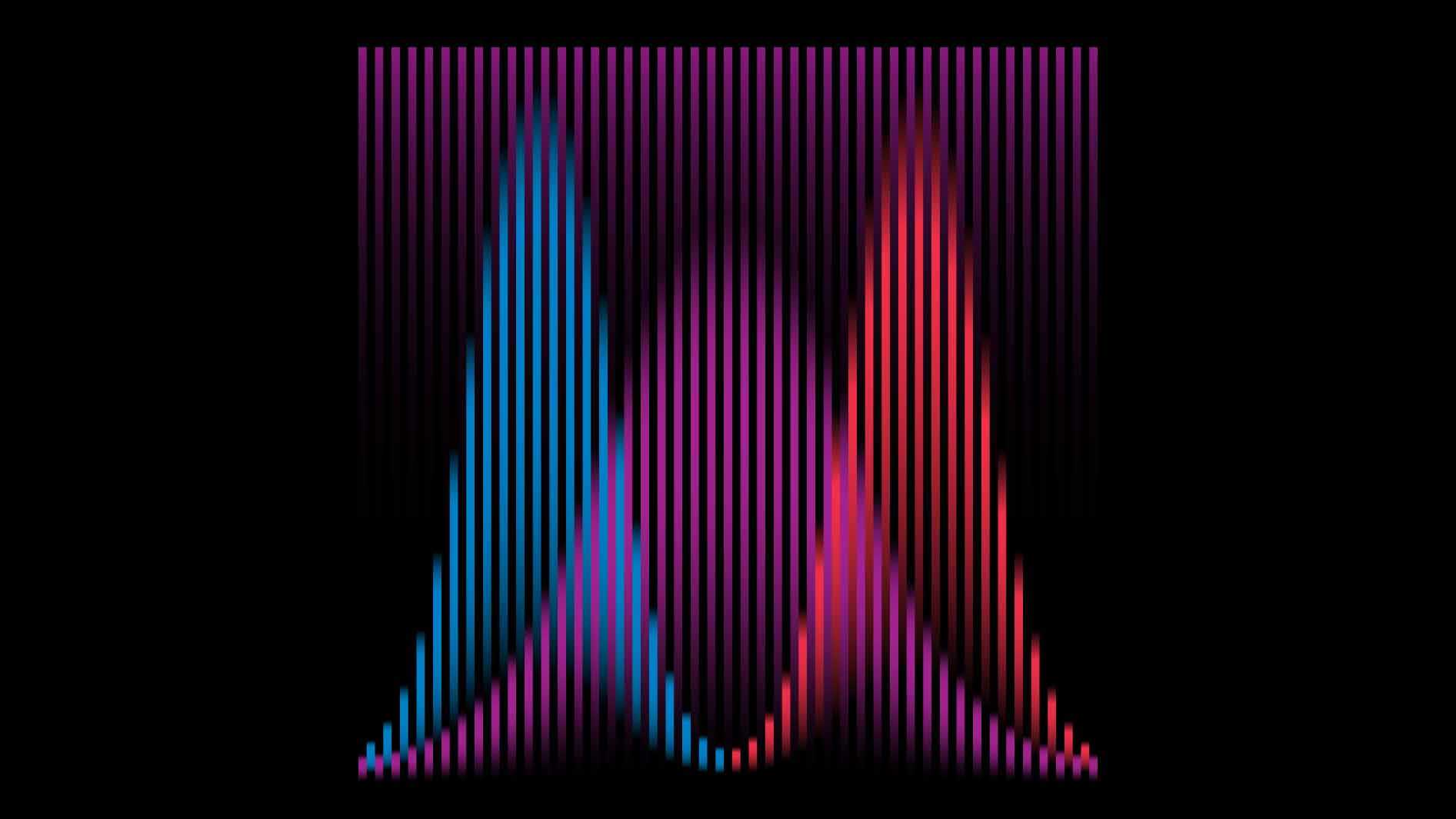 A curve on the left made of vertical blue lines and a curve on the right made of vertical red lines overlap with a curve in the center made of vertical purple lines that exist between the blue or red lines. Above the curves there are uniform purple lines that extend into blackness at their bottoms..