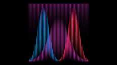 A curve on the left made of vertical blue lines and a curve on the right made of vertical red lines overlap with a curve in the center made of vertical purple lines that exist between the blue or red lines. Above the curves there are uniform purple lines that extend into blackness at their bottoms..