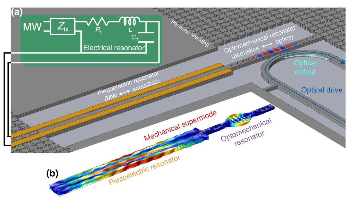 Proposed microwave-to-optical quantum transducer based on a coupled piezoelectric and optomechanical resonator system (Wu et al, Phys Rev. Applied, 2020).