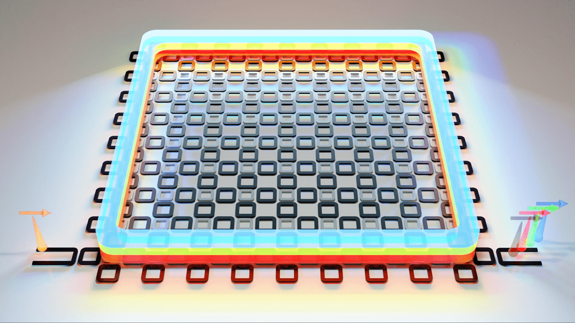 a graphic showing a chip with an array of rings that guides light and turns one color of light into many