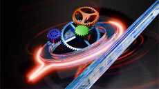 A glowing red ring with a pulse bulging from one side surrounds 4 colorful, interlocked gears.