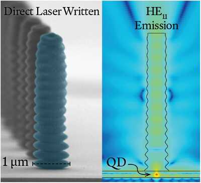 Scanning electron microscope image and electromagnetic simulation of a 3D-printed polymer nanowire waveguide.